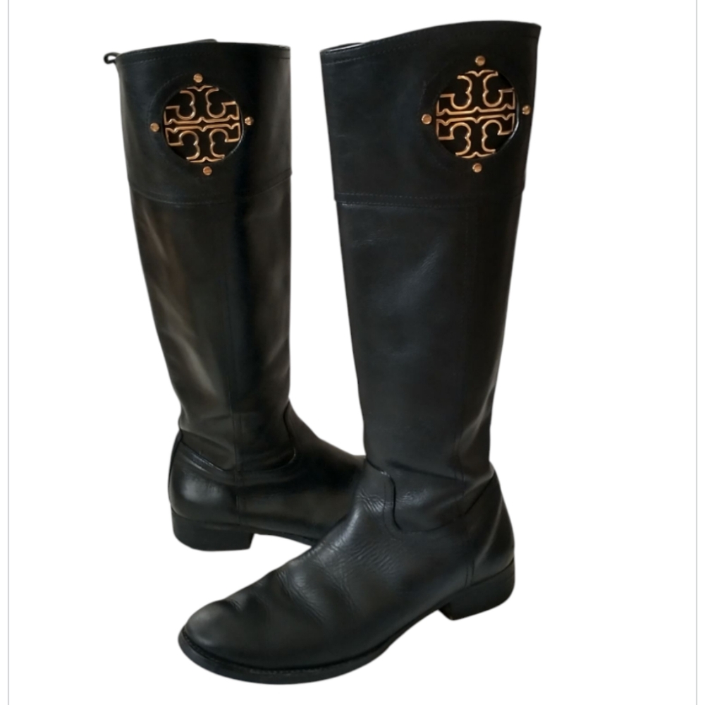 TORY BURCH Black Leather Detailry Boots. Size-8.5